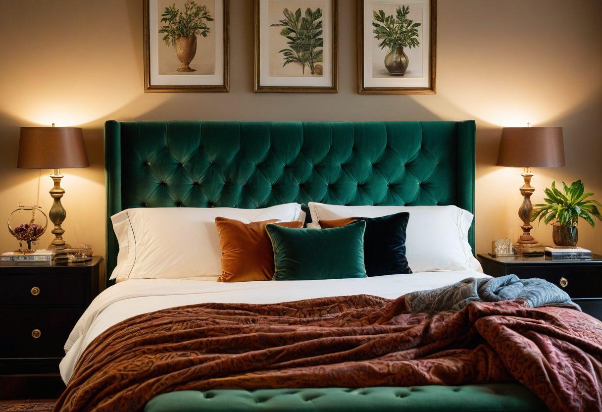 An elegant juxtaposition of vintage and modern erotica items, showcasing a plush velvet bed draped in soft lighting, with body-safe toys arranged artistically around. Include a backdrop of classic literature, intertwining elements of wellness like candles and plants, captured in rich textures and warm tones. Highlight a sense of intimacy and comfort in the scene. super-realistic. vibrant colors. soft lighting.